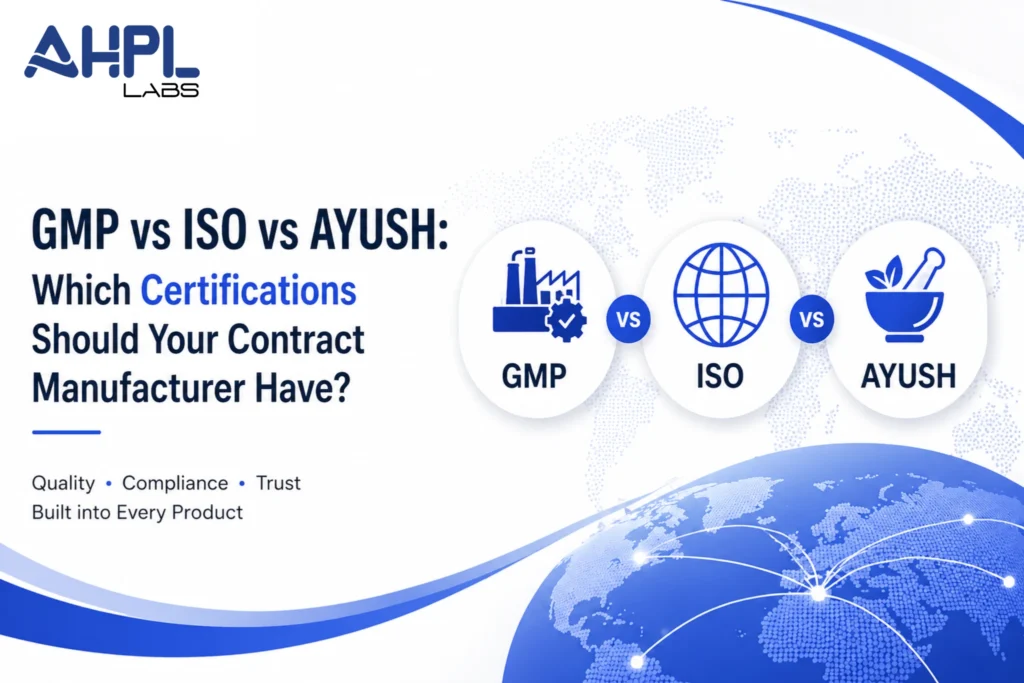 Comparison of GMP, ISO, and AYUSH certifications for contract manufacturers highlighting quality, compliance, and trust