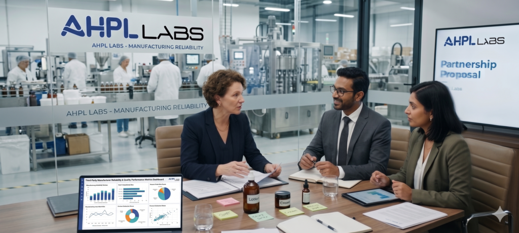 Three professionals discussing an AHPL Labs partnership proposal and reviewing a quality metrics dashboard, with an active personal care manufacturing floor visible through a glass wall in the background.